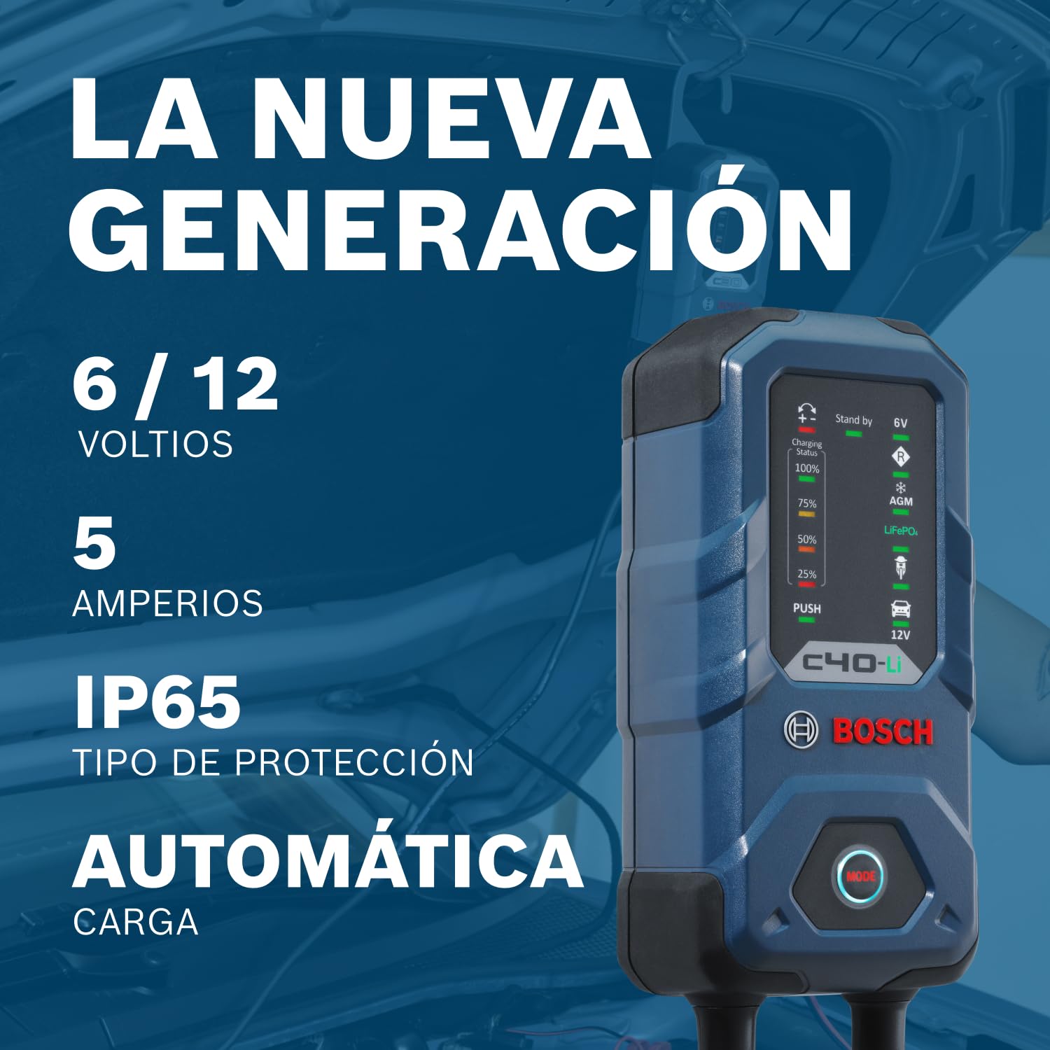 Bosch Cargador de Batería para Coche C40-Li, 5 Amperios, con Función de Carga Continua - para Baterías de Plomo-ácido, AGM, EFB y SLI de 6V/12V, y de Litio (LiFePO) de 12V