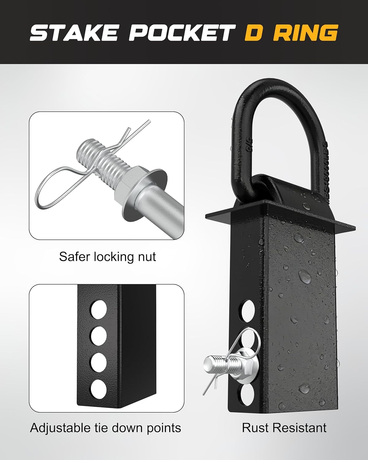 RETRUE 4PCS 20,000lbs Trailer Stake Pocket D Ring with Added Security Bolt Nut, Heavy Duty Removable Stake Pocket Tie Down for Flated Trucks and Trailers, Utility Trailer Accessories, Black - Image 6