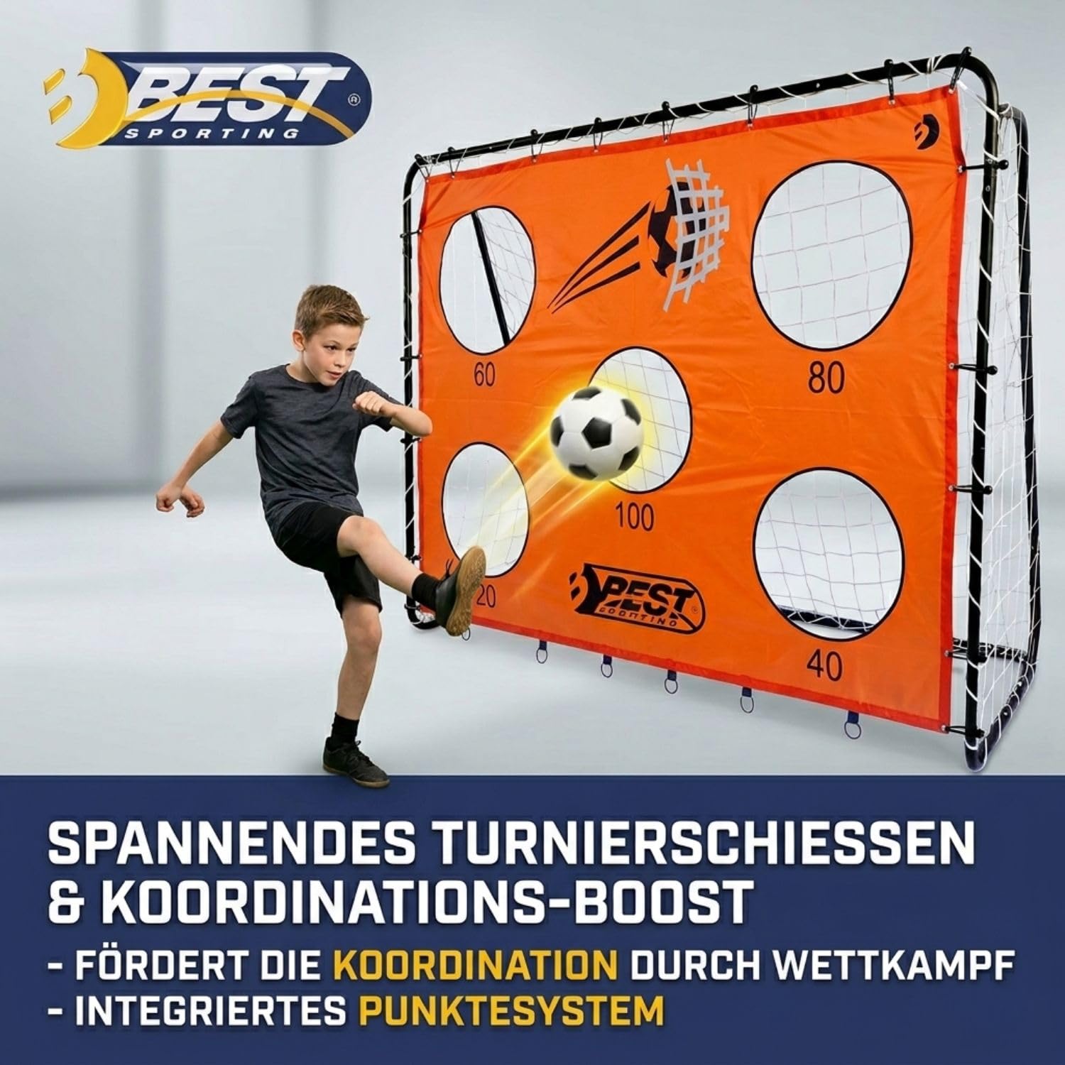 Best Sporting 2-in-1 Fußballtor mit Torwand Fan-Favorite | Fussball Tor mit 5 Schusslöchern (40cm), perfekt als Fussball Trainingszubehör - Punktesystem für spannende Turniere, 213 x 152 x 76 cm