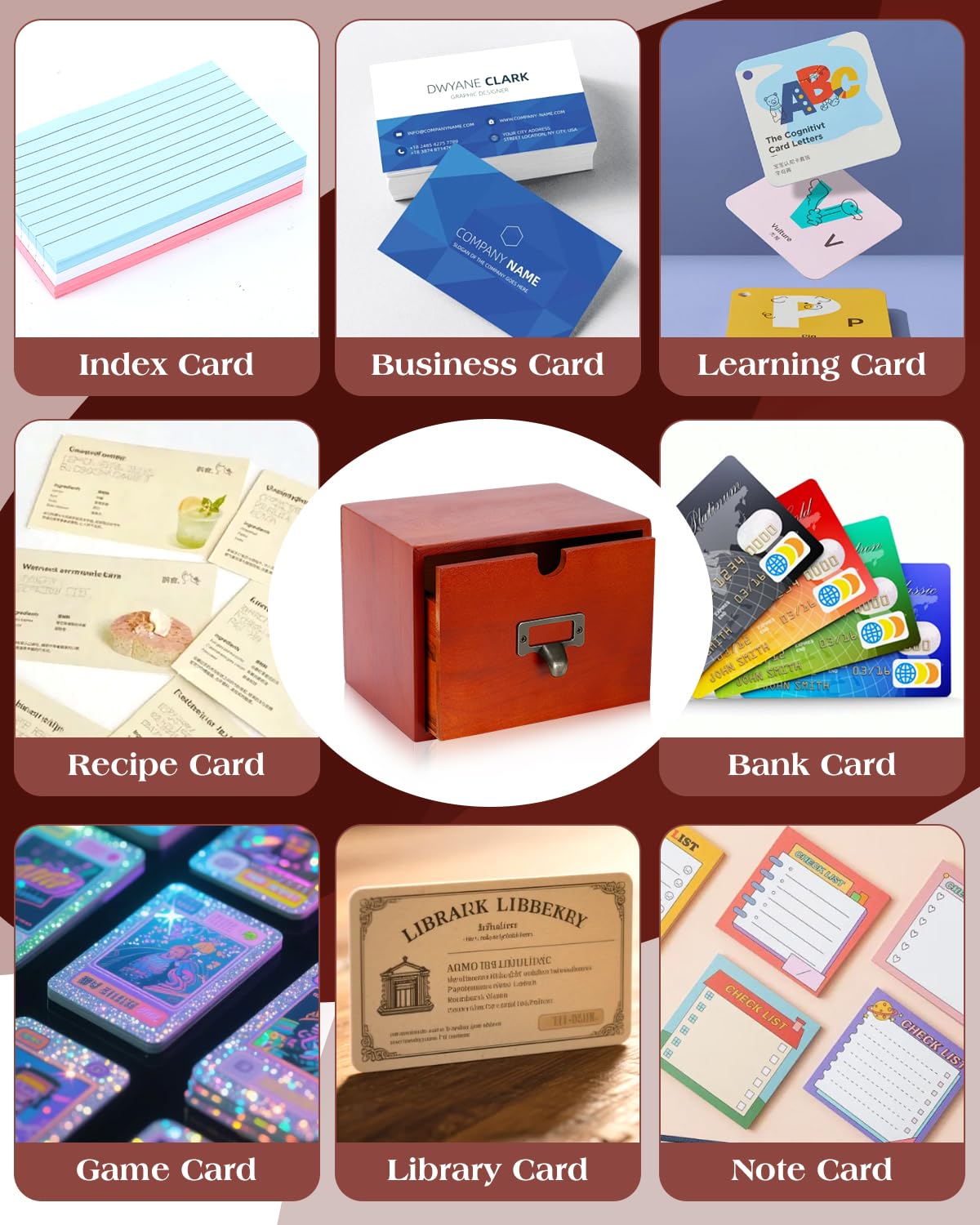 Organiseur de cartes d'index en bois massif avec tiroir pour cartes de recettes, cartes flash, cartes de visite, intercalaires et 150 cartes de couleur 7,6 x 12,7 cm