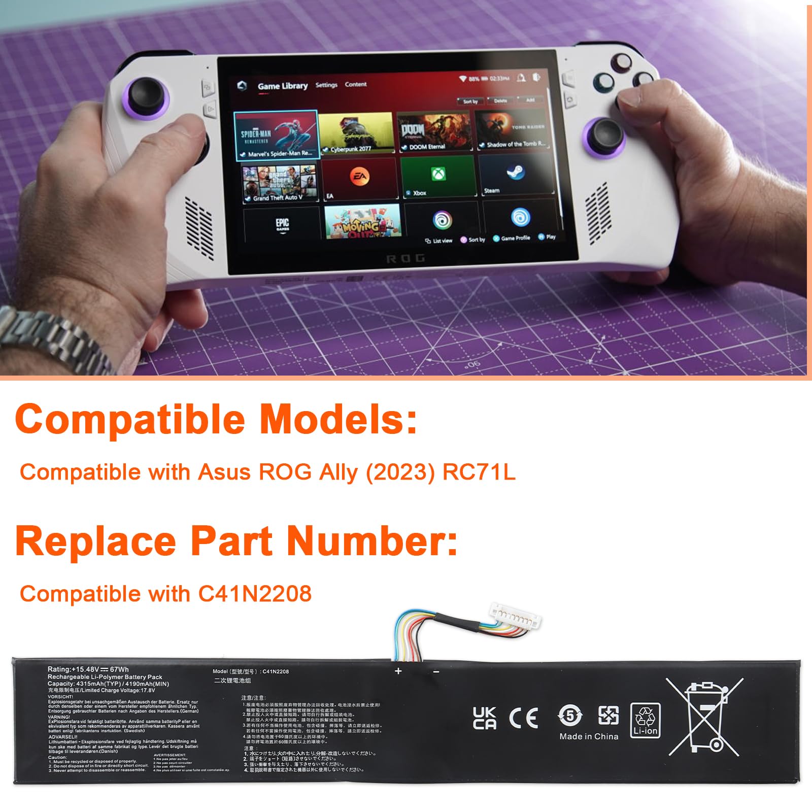 JIMACRO C41N2208 akumulator kompatybilny z Asus ROG Ally (2023) RC71L 67WH 4315 mAh 15,48 V