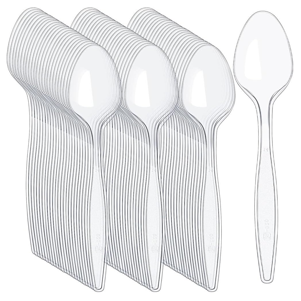 Tezraftaar® 300 x Tithe Heavy Duty Clear Plastic Spoons Reusable Cutlery Set BPA Free Durable Catering Wedding Kids Parties Picnic Traveling