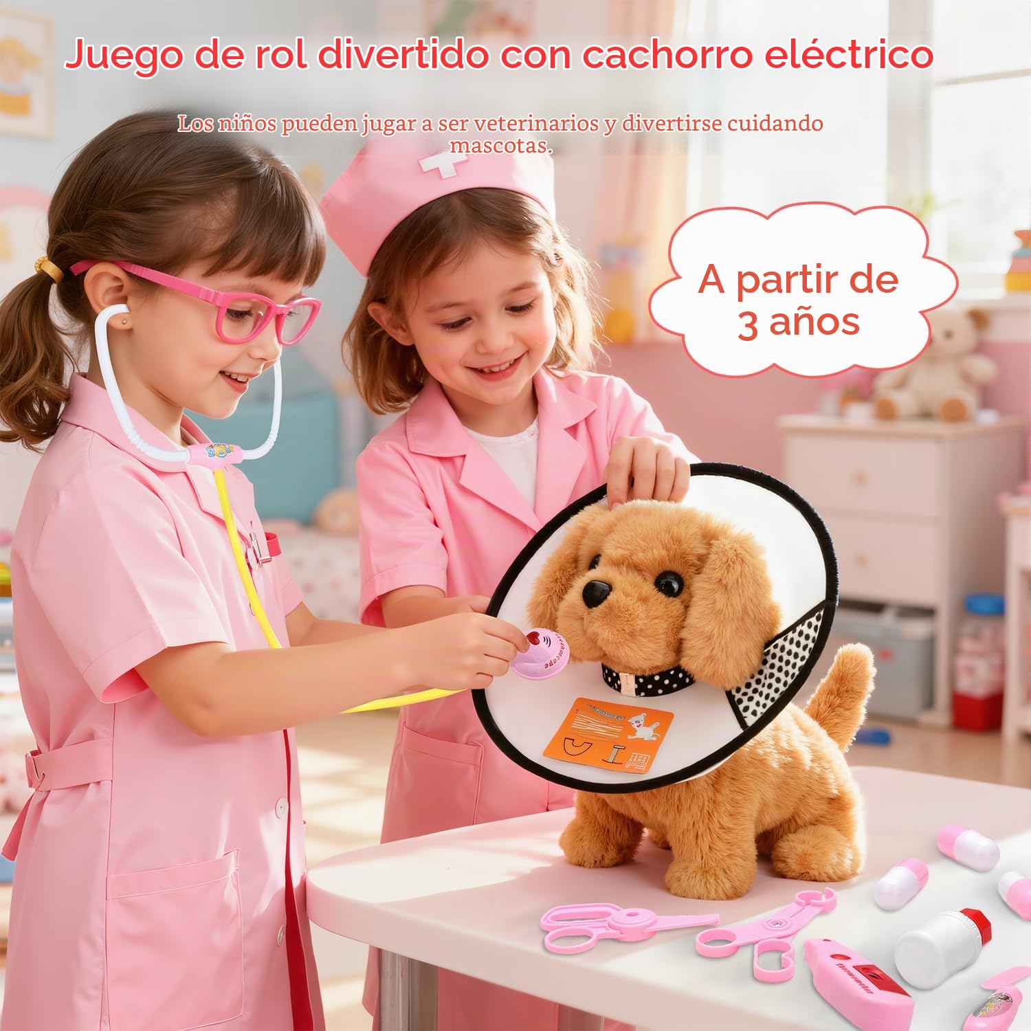 UBeesize Maletín médico para niños de 31 piezas con juguete de perro eléctrico que corre y ladra, perro interactivo, estetoscopio real, termómetro para juguete de veterinario, maletín médico para