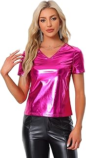 Camiseta de Color Metálico para Mujer con Cuello en V Party Clubwear Shiny Top