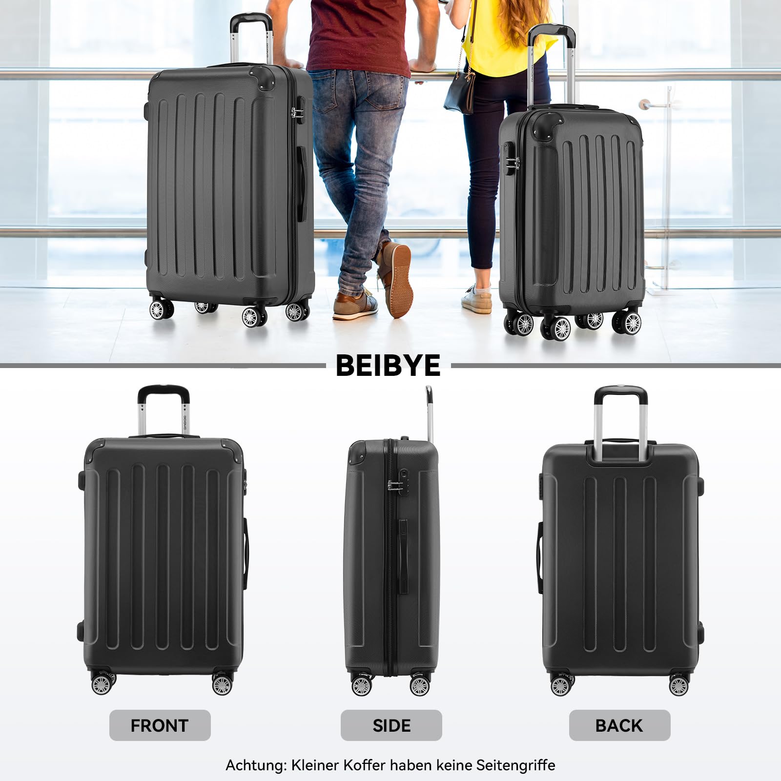 BEIBYE Handgepäck Koffer M 55 cm – Kabinenkoffer aus ABS, leicht, 360° Doppelrollen, Reisekoffer für Kurzreisen, Schwarz