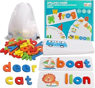 Reading & Spelling Learning Toy,Wooden Educational Developmental Toy Sight Words Spelling Skills with 28 Double Sided Flash Cards and 52 Letters Great Gift for 3 4 5 Years Girl Boy