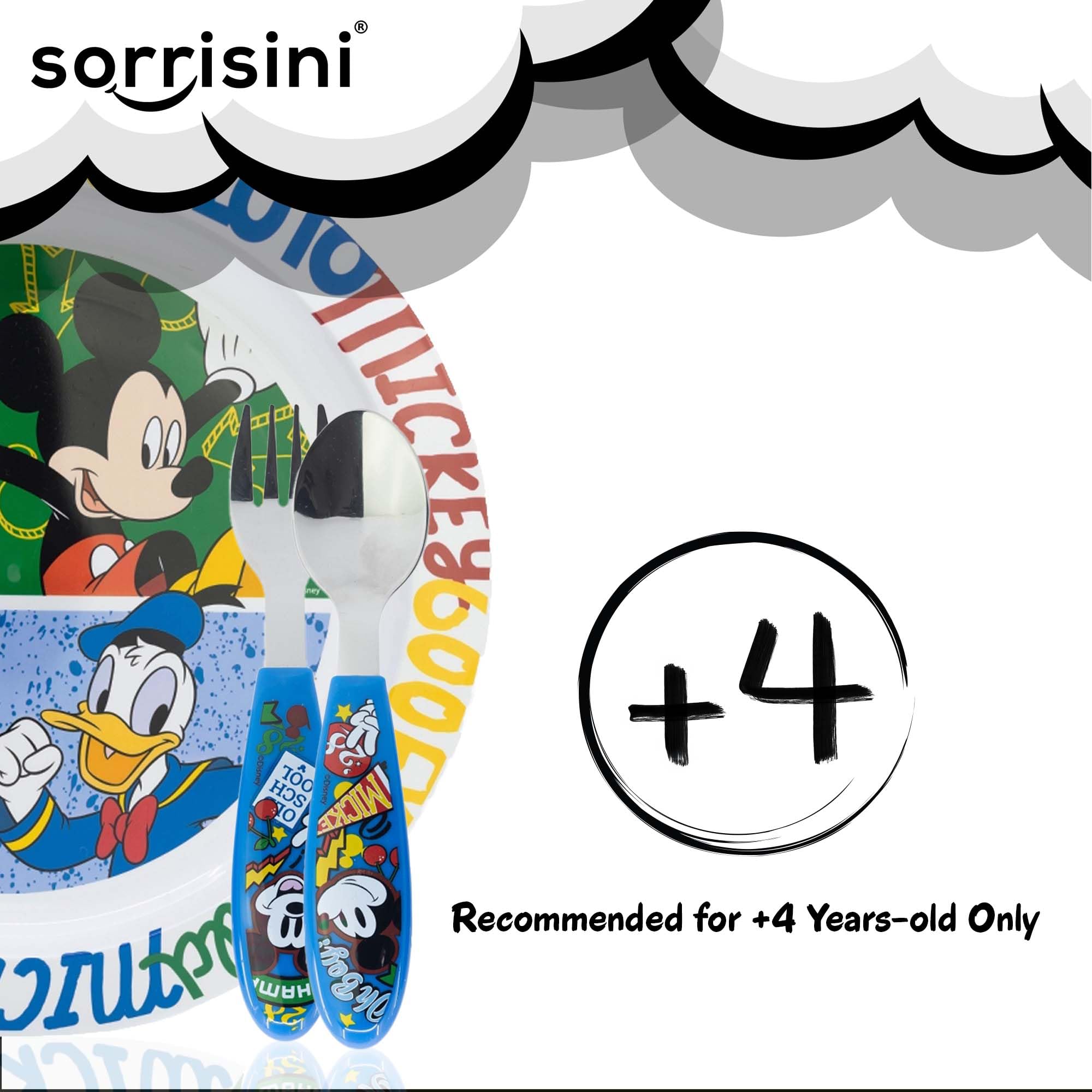 Vajilla Infantil Reutilizable Apta Para Microondas Para Niños Mickey Mouse, Juego de Desayuno para la Primera Comida Cubiertos, Tenedor, Cuchara de Acero Inoxidable y Plato, sin BPA