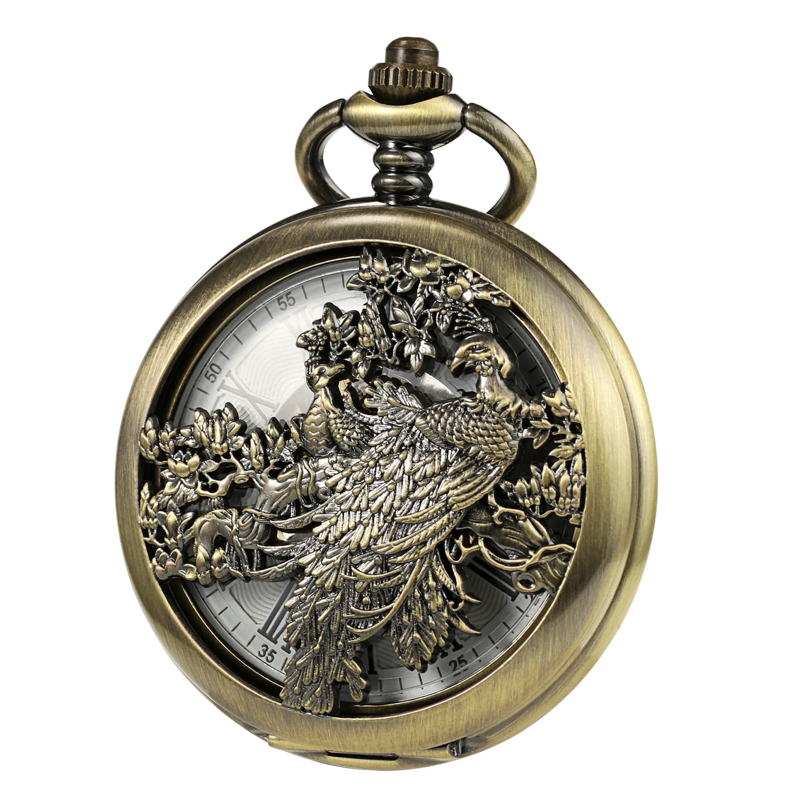 TREEWETO Mechanische Bronze-Taschenuhr für Herren, Glücks-Pfau, Skelett-Taschenuhr, antikes römisches Zifferblatt, mit Kettenbox, bronze