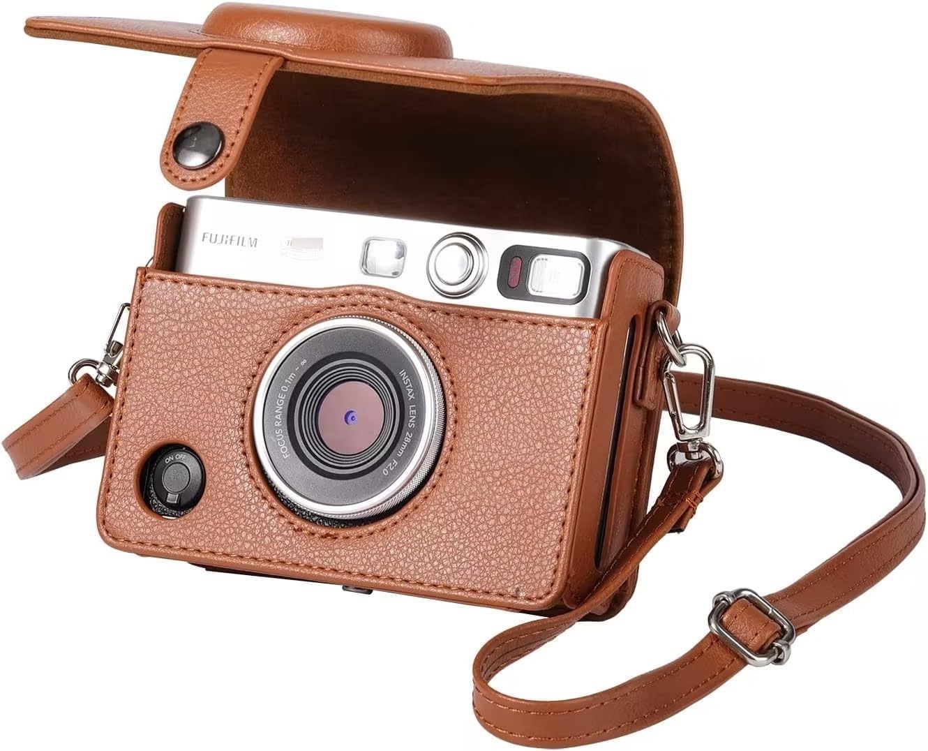 ZENKO Leather Mini Evo Cover Case - Compatible With Fujifilm Instant Camera - Shoulder Strap Included - Brown Lychee Texture Horizontal Style