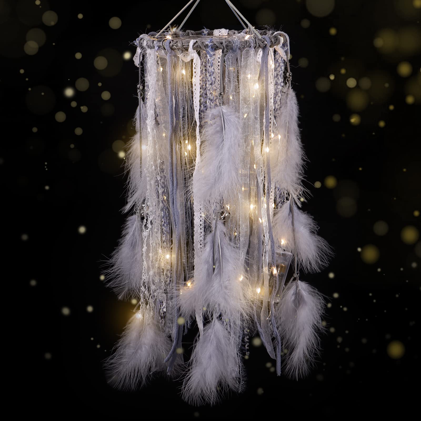Dream Catcher Mobile Large Light Up Dream Catchers with Grey Shining Lace& Bells LED Fairy Lights Battery Powered Hanging Ornaments- Feathers Wedding Boho Decorations Nursery Decor