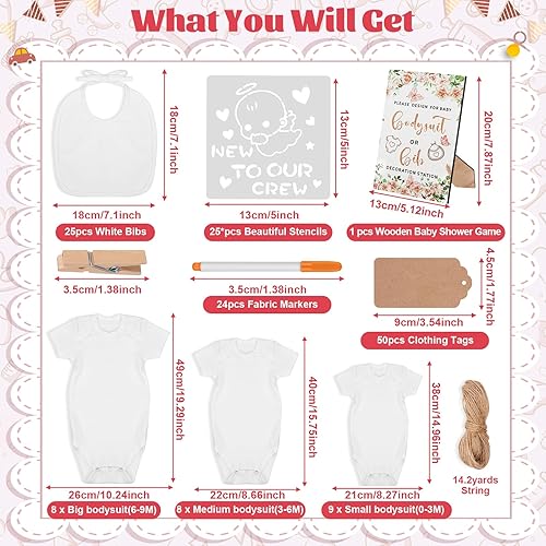 Miniatura 2 de Juego de 201 piezas para baby shower, letrero de juego para baby shower, overol con babero blanco para bebé, overol para recién nacido, kit de