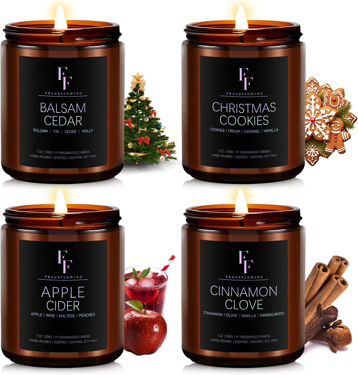 Christmas Candles Set, Christmas Scented Candles for Home, 4 Pack Holiday Candles Natural Soy Candles, Christmas Gifts for Women Men, Winter Fragrance of Balsam Cedar/Cookies/Apple Cider/Cinnamon