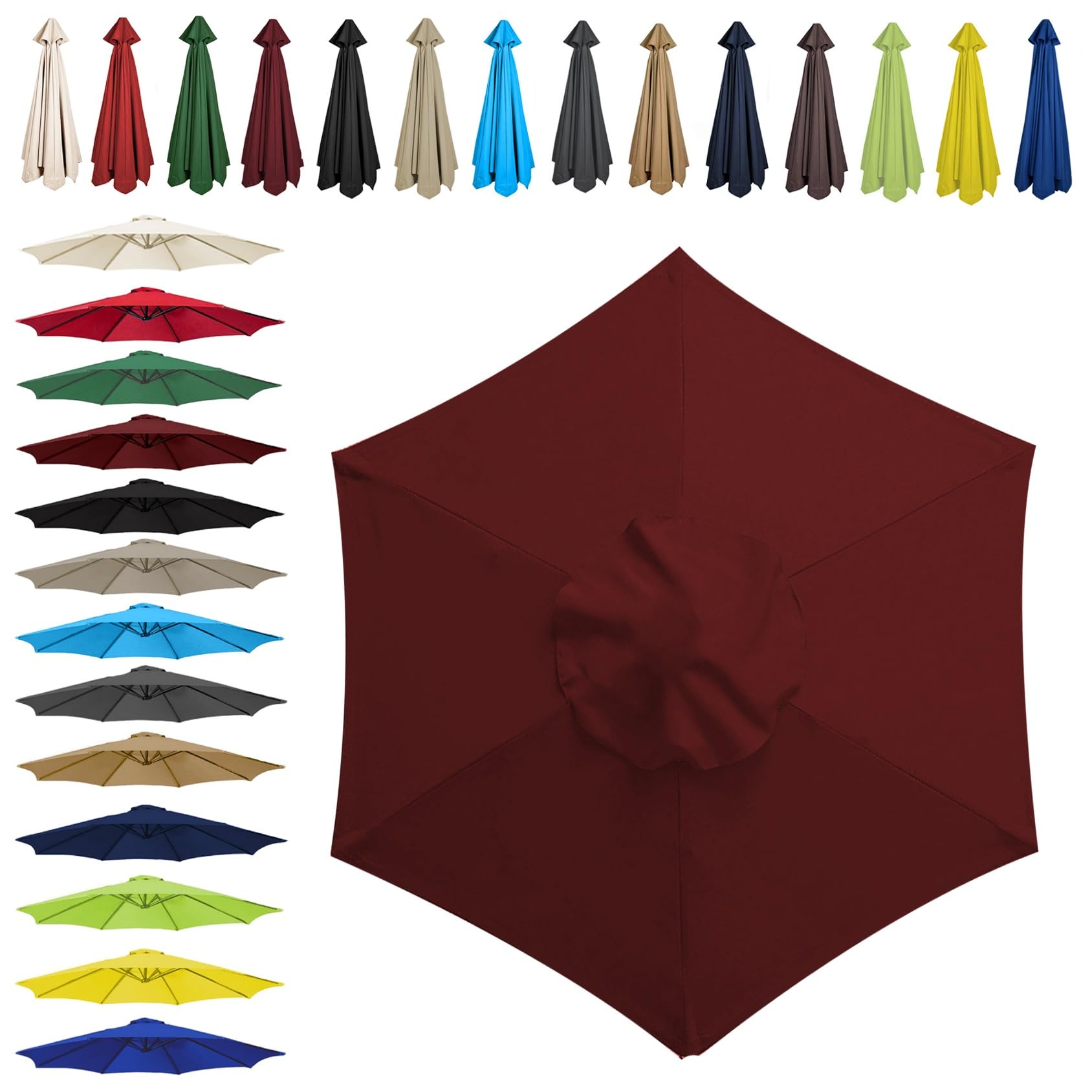 Sun Umbrella Replacement Cloth - 200cm | 2.7m | 300cm (6.5'/8.8'/9.8') - Umbrella Replacement Canopy For 6 Arms/8 Arms, Waterproof UV Protective Polyester Cloth(Color:Burgundy,Size:6 ribs-2.7m(8.8ft)) — image 1