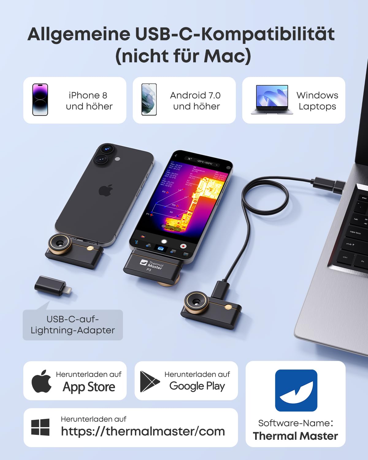 Thermal Master P3 Wärmebildkamera für iPhone & Android, Infrarotkamera mit 512x384 X³IR Auflösung, 8mm Makro-Objektiv, -20°C-600°C, 15x Digitalzoom für Elektronik HVAC PCB Inspektion