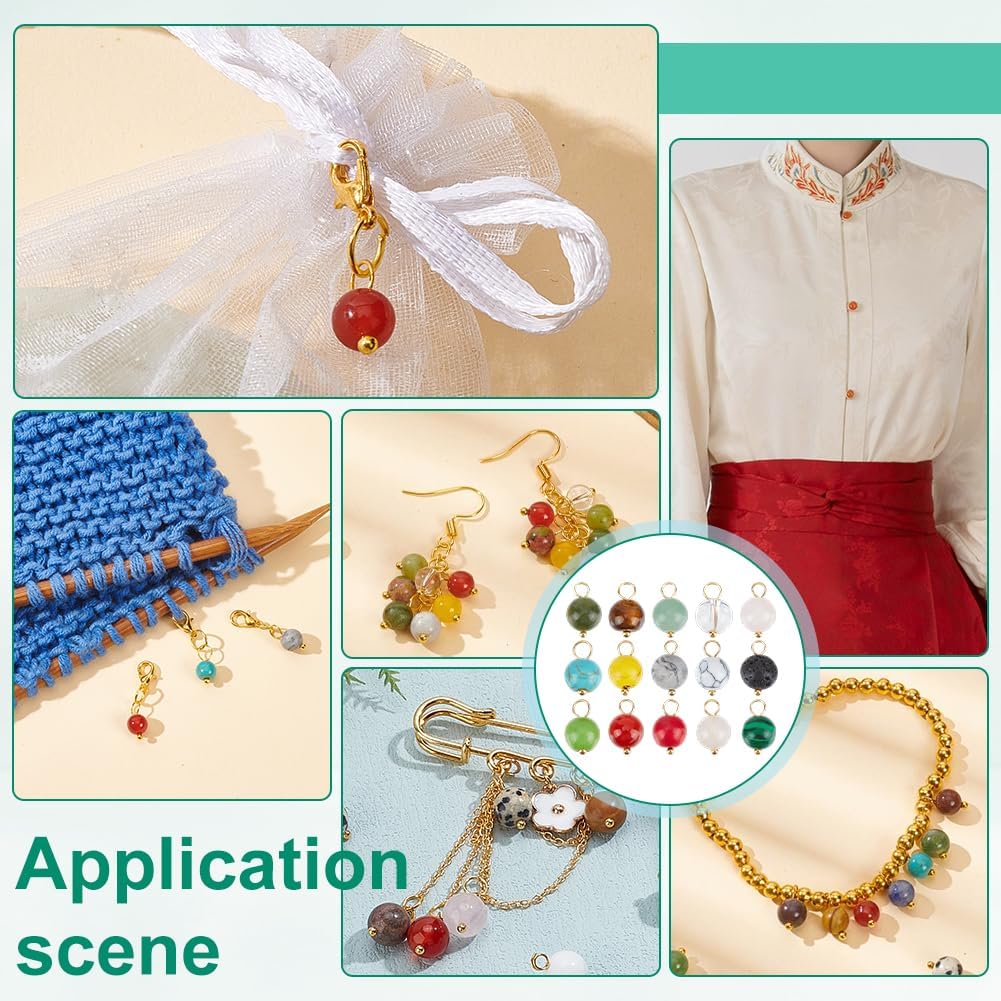 PH PandaHall Mixed Gemstone Pendants Round Gemstone Charms, Natural Synthetic Stone Pendants with Loops for Jewelry Making - Image 5