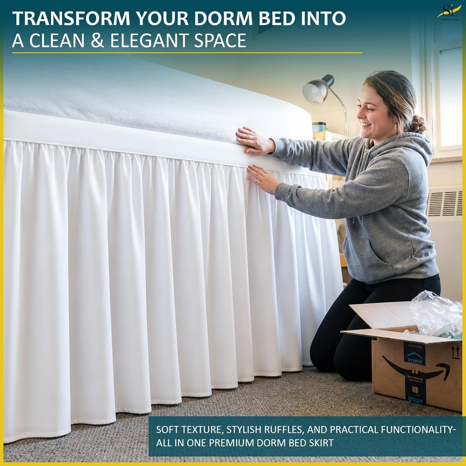 Shreem Linen Dorm Bed Skirt Twin XL 32 Inch Drop, 100% Microfiber Extra Long College Dorm Room Bed Skirts Dust Ruffle with Split Corners, White