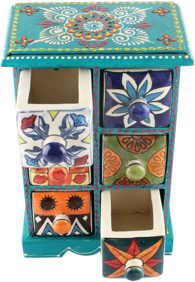 Indian Shelf 1 Piece Vocalforlocal Handmade Multicolor Wooden 6 Drawer Floral Pattern Spice Box Seasoning Masala Organizer Rack Jewellery Container