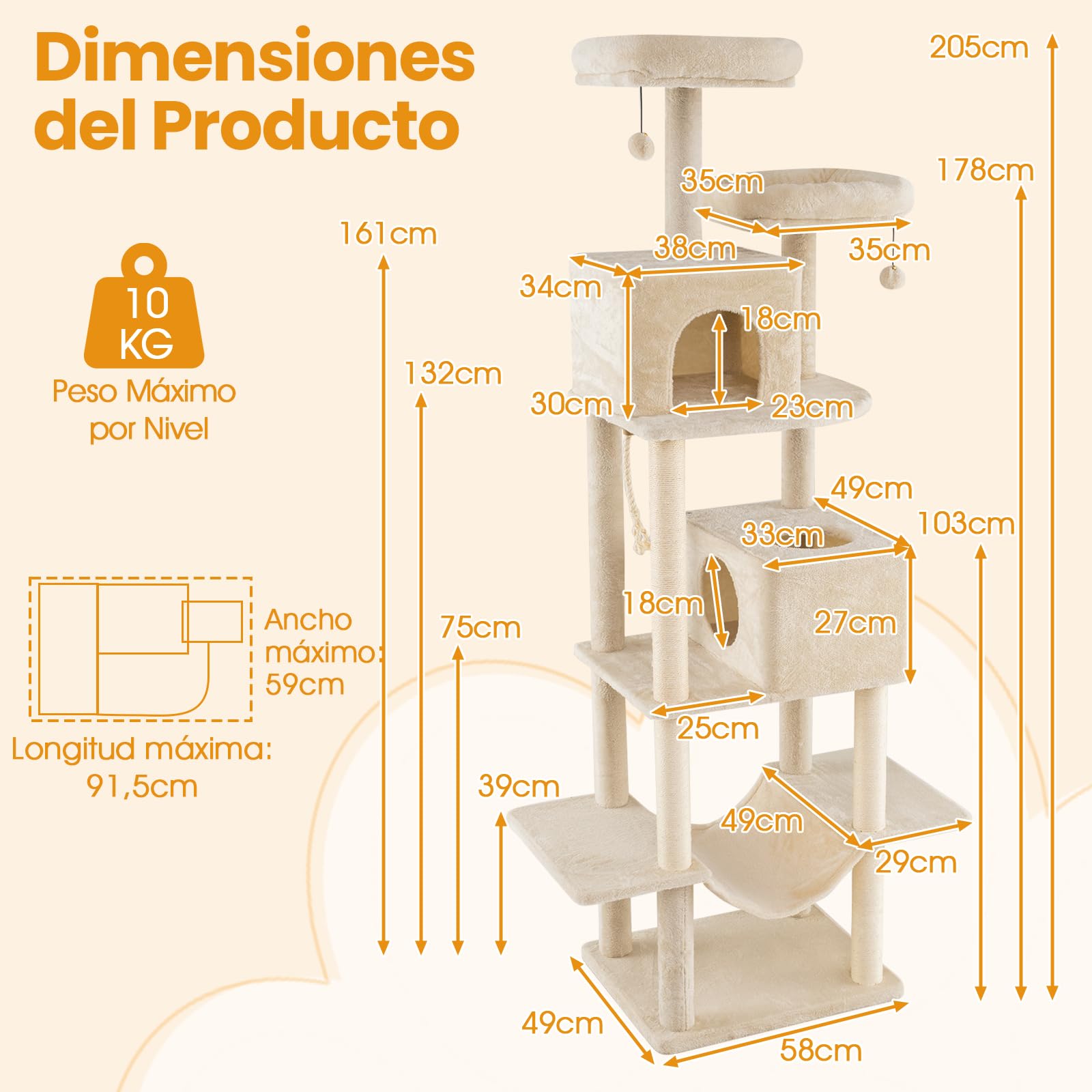 COSTWAY Árbol Rascador para Gatos de Varios Niveles, Torre de Escalada para Gatitos con 2 Condos, 2 Perchas de Terciopelo, Postes de Sisal y Cuerda, Juguetes Colgantes, Plataformas Múltiples,Beige