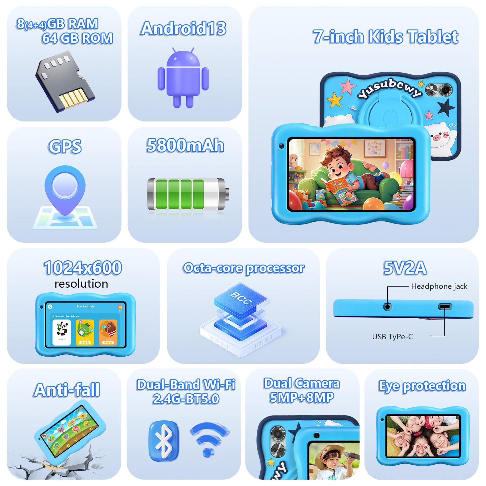 YUSUBCWY Kids Tablet 7 inch, Android 13, 8GB RAM 64GB ROM, 7-inch HD, Parental Control, WiFi Bluetooth, GMS Certified, Screen Protector Case (Blue) — view 2