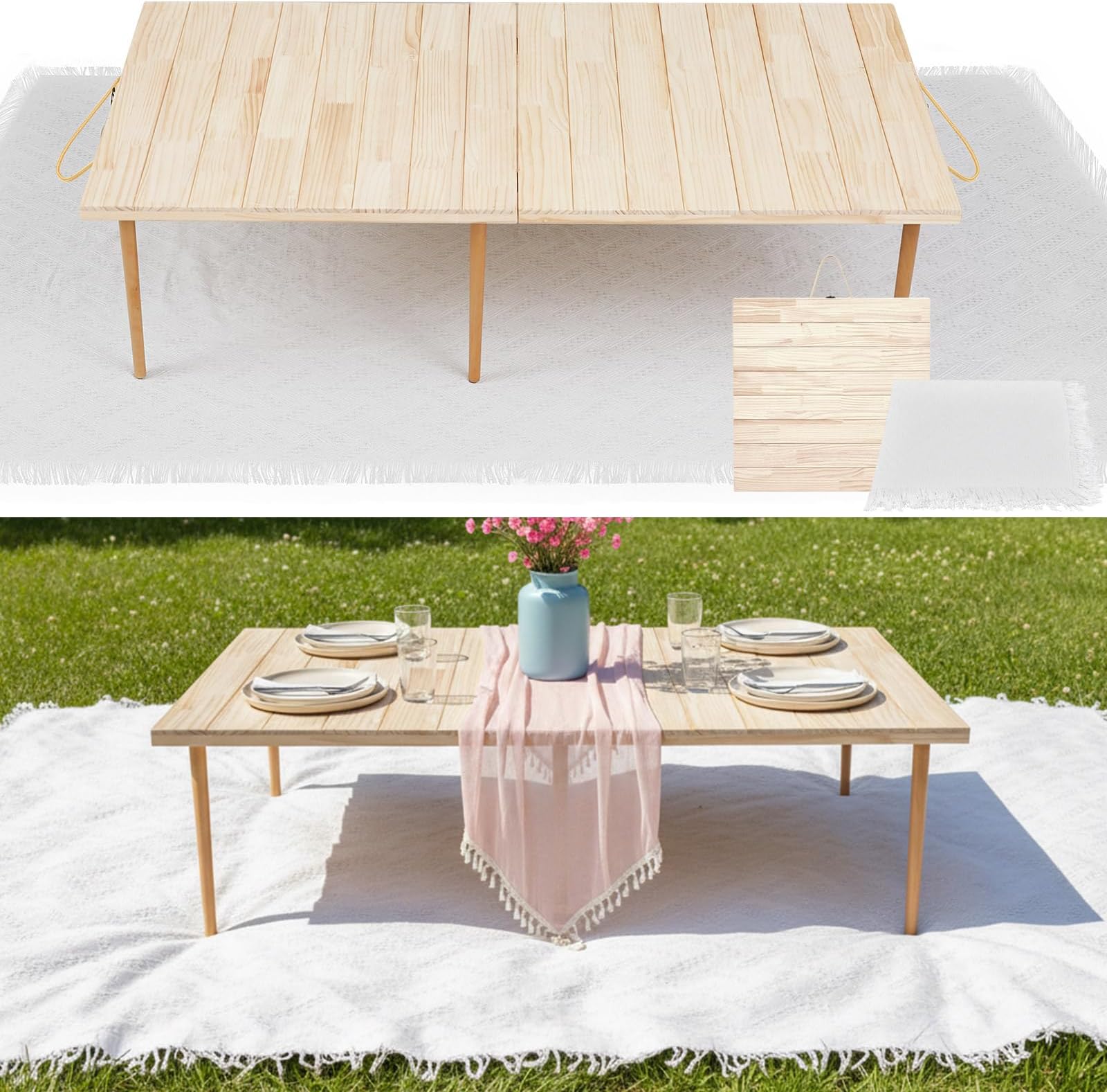 1 Set Low Picnic Table, Foldable Boho Picnic Table with Extra Large Outdoor Camping Blanket Portable Boho Wood BBQ Tables for Camping Wedding Beach BBQ Party (for 8 Person,Wood Color)