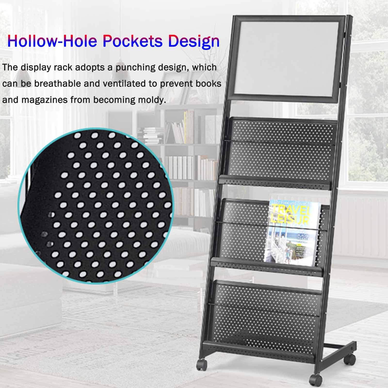 Porte-revues, Porte-brochures, catalogues, Magazines, littérature, avec 4 Compartiments et roulettes, pour Salons Professionnels, écoles et bibliothèques, Noir