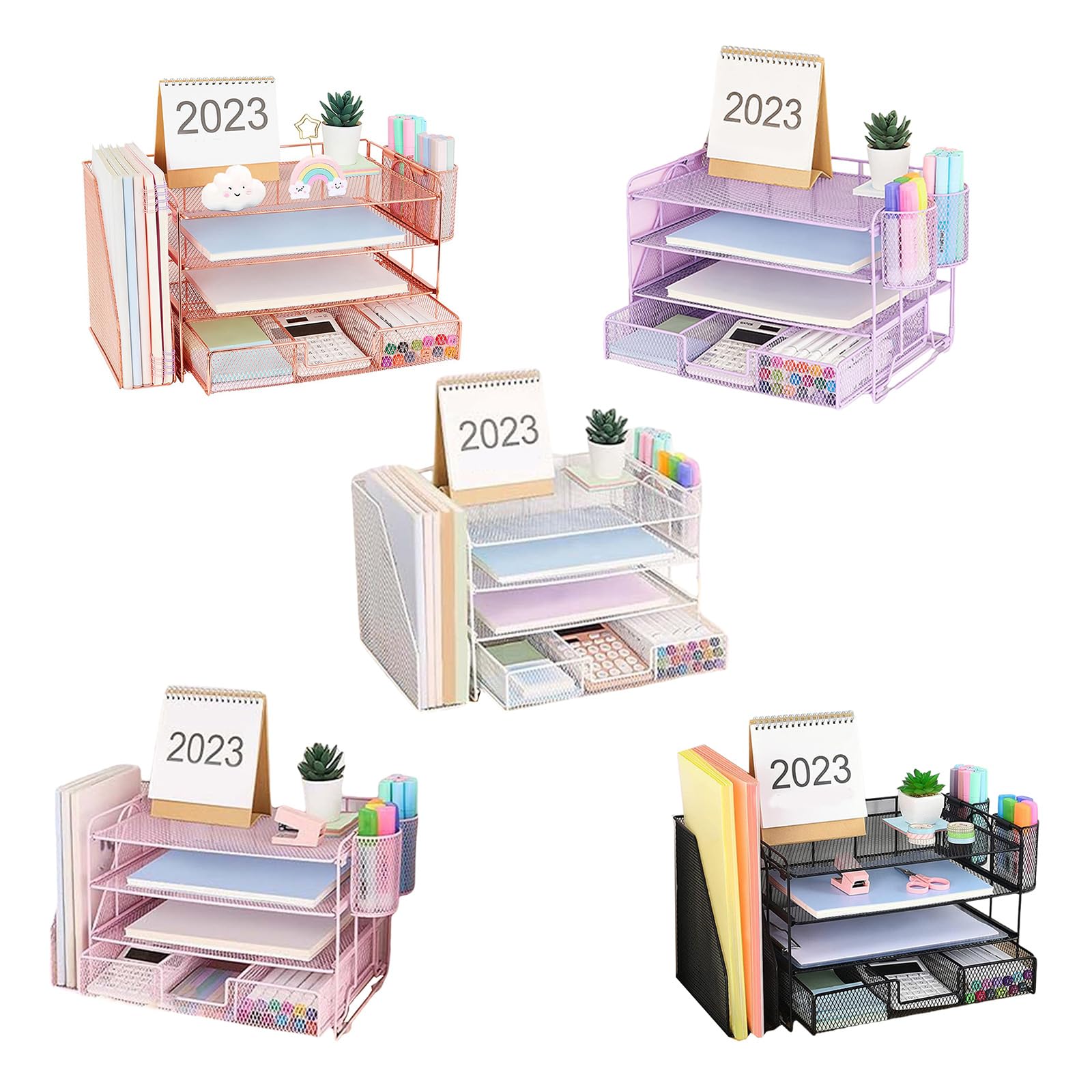 Organizer da scrivania in metallo salvaspazio, a 4 livelli, portacorrispondenza con portariviste, cassetto e 2 portapenne, accessori da scrivania