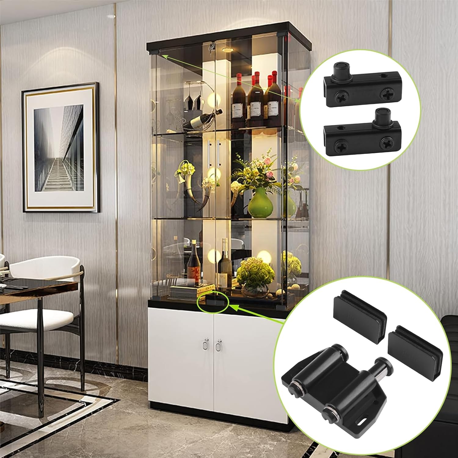 8Pcs Black Frameless Glass Door Pivot Hinges & 2 Set Double Door Magnetic Latches with Adjustable Cabinet Clips, Suitable for 4-6mm Swinging Glass Doors(Black)