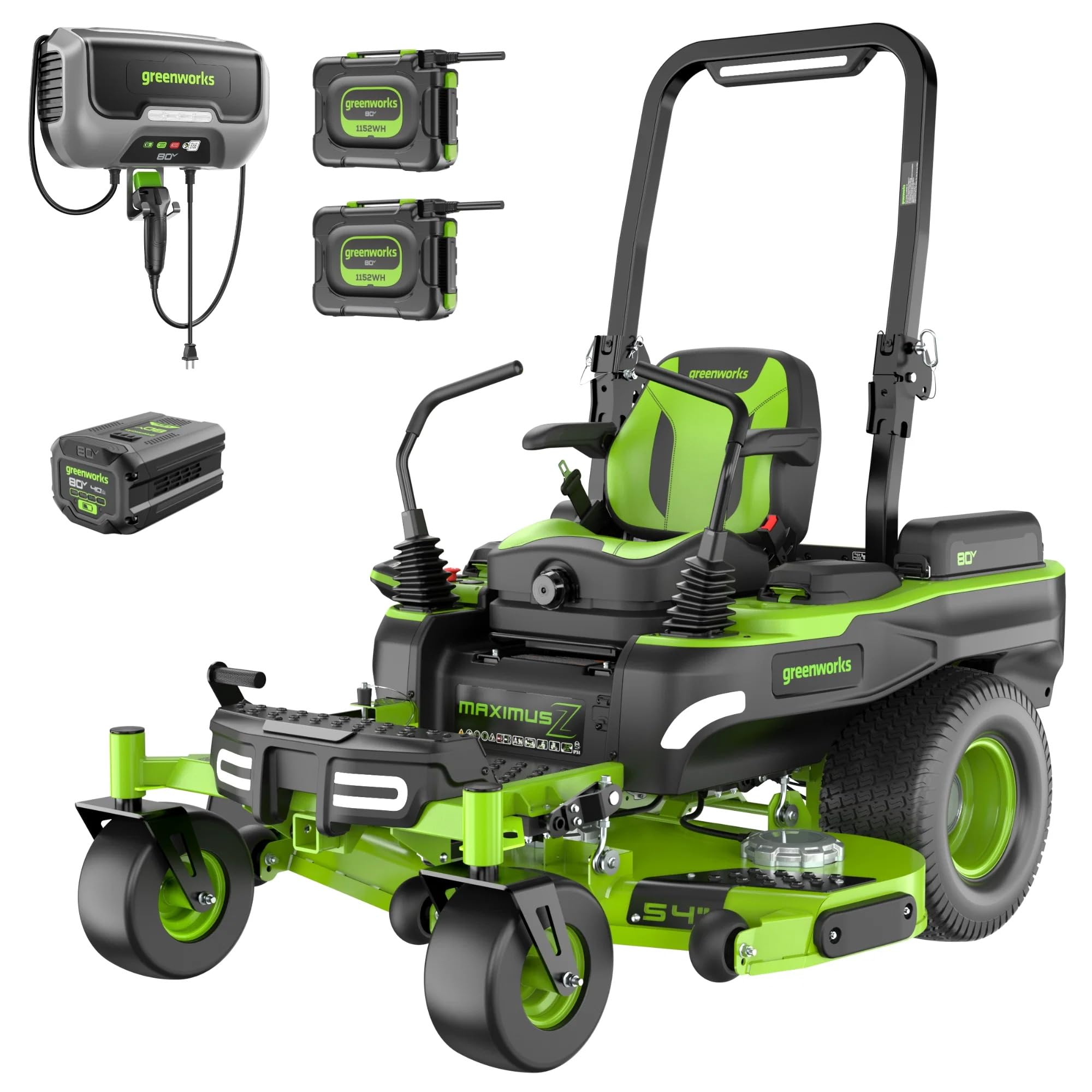 Greenworks 80V 54" MaximusZ Zero Turn Riding Mower, (1) 4.0 Ah Battery, (2) 16.0 Ah Batteries and 1.5kW Charger