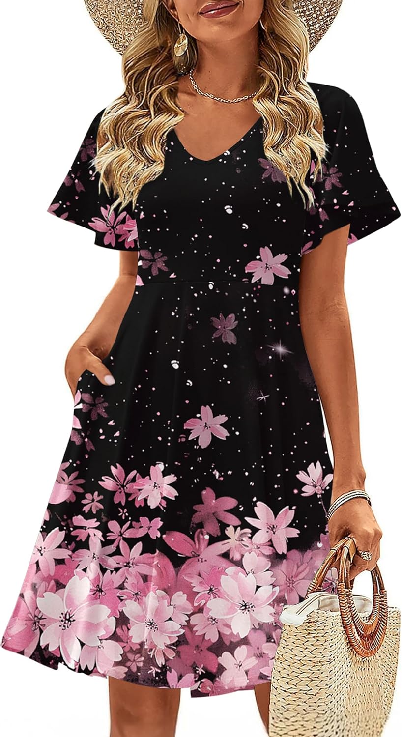Zeagoo Womens Summer Dress Casual Swing Floral Ruffle Short Sleeve Sundresses Beach Mini A-line Shift Dress 2025 with Pockets