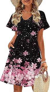 Womens Summer Dress Casual Swing Floral Ruffle Short Sleeve Sundresses Beach Mini A-line Shift Dress 2025 with Pockets - Buy now