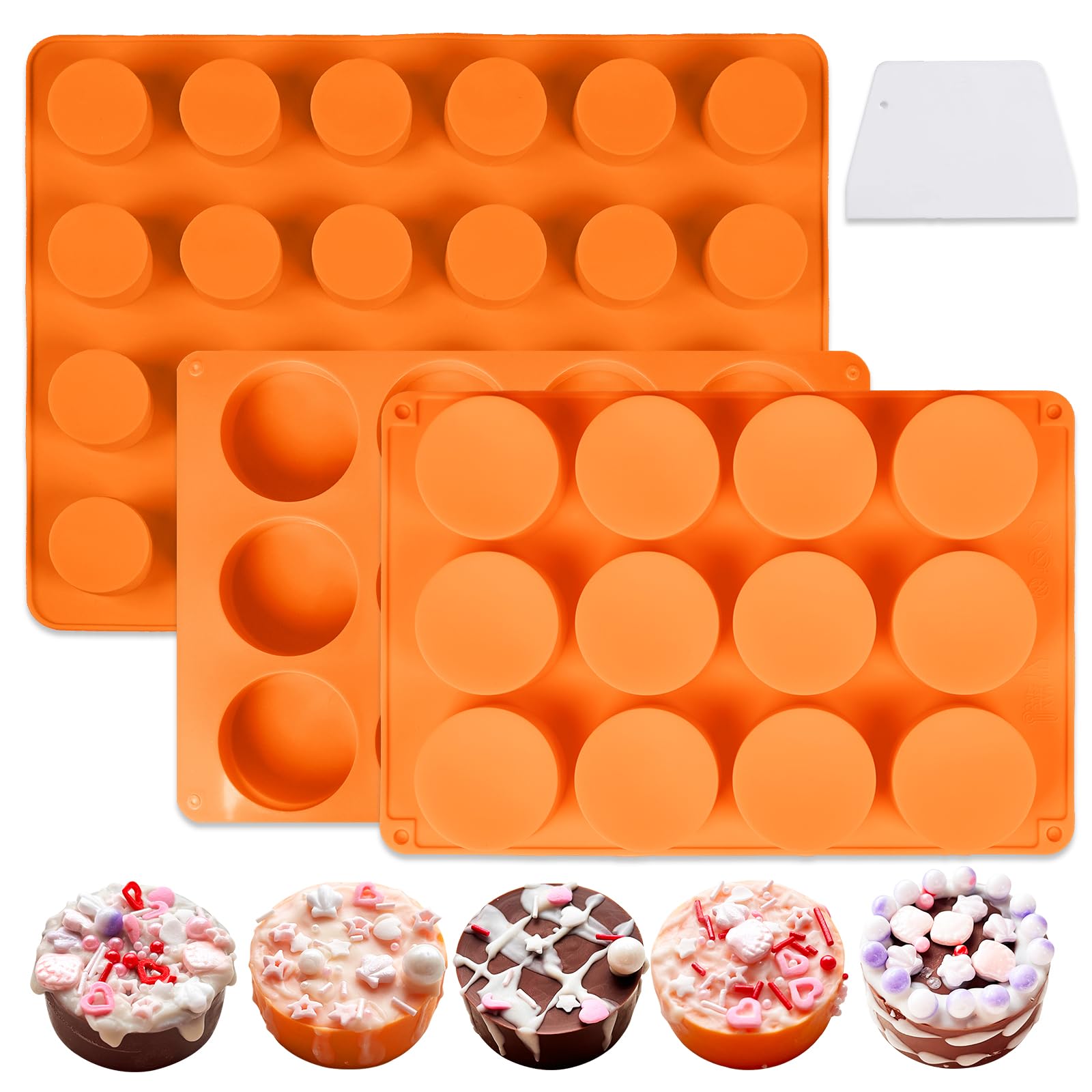 3 Pcs Cake Puck Mold Set 2 Different Sizes, Chocolate Covered Silicone Molds,24-Cavity Round Cake Pop Molds with 2 Scraper for DIY Cake Cores, Chocolate Desserts,Cakepucks
