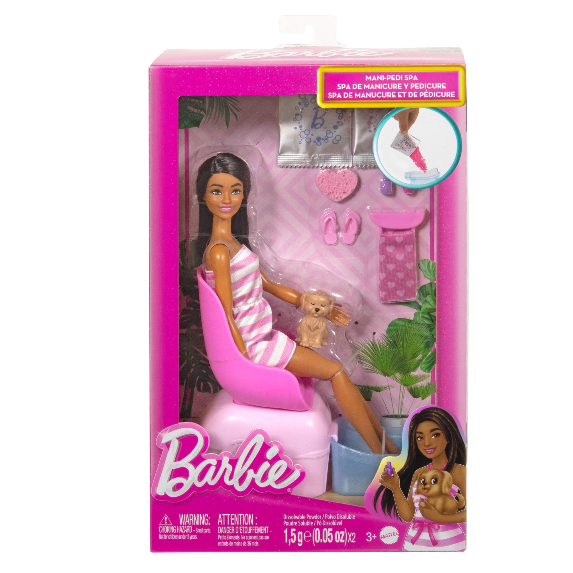 Barbie Mani-Pedi Spa zestaw do zabawy z lalką modową, szczeniakiem i 7 akcesoriami, funkcja zmiany koloru