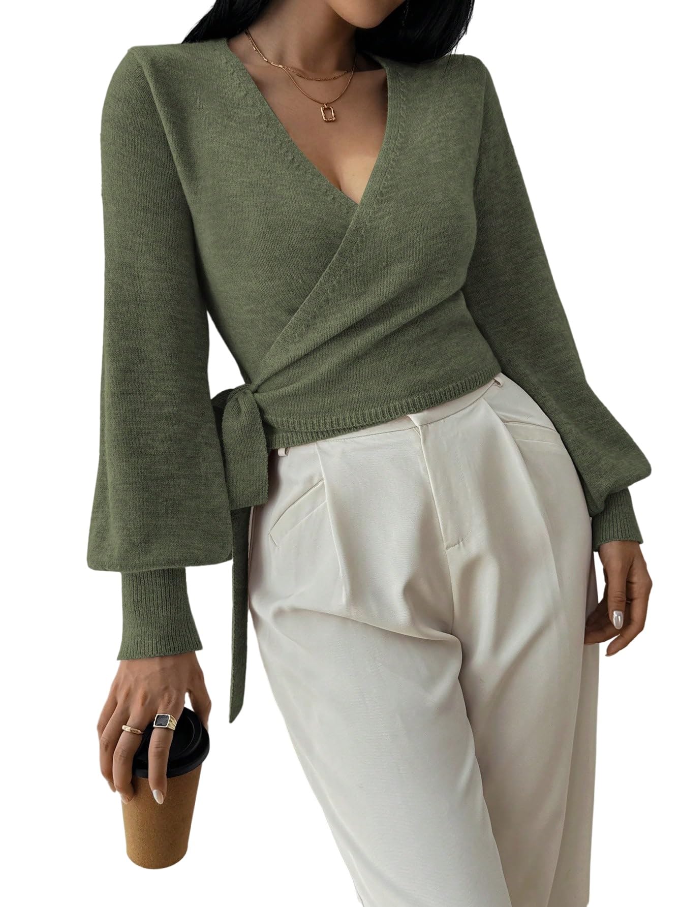 GORGLITTER Maglione da donna elegante con fiocco, maglia a V, maglione invernale a maniche lunghe, per autunno