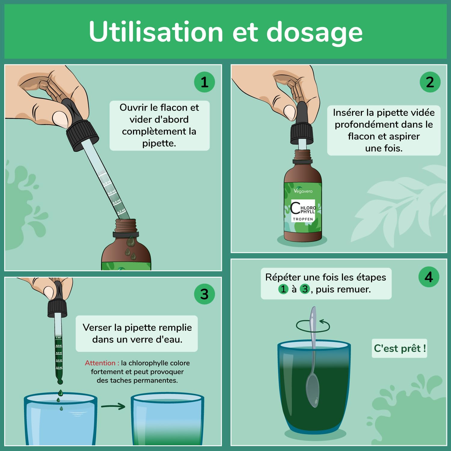 Chlorophylle Liquide en Gouttes | Dosage Elevé : 300 mg | Flacon 60 ml | Detox + Digestion | Source Naturelle : Luzerne | Sans Arômes ni Additifs | VEGAN | Vegavero®