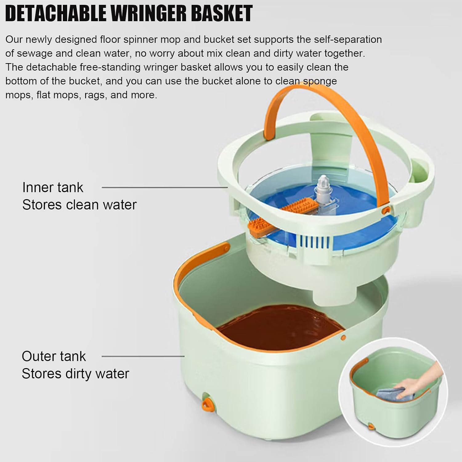 Spin Mop and Bucket Set with 6 Replaceable Microfiber Mop Pads & Self Separation Dirty and Clean Water System, Self Wringing 360° Rotating Mop Head for Floor Cleaning,Green