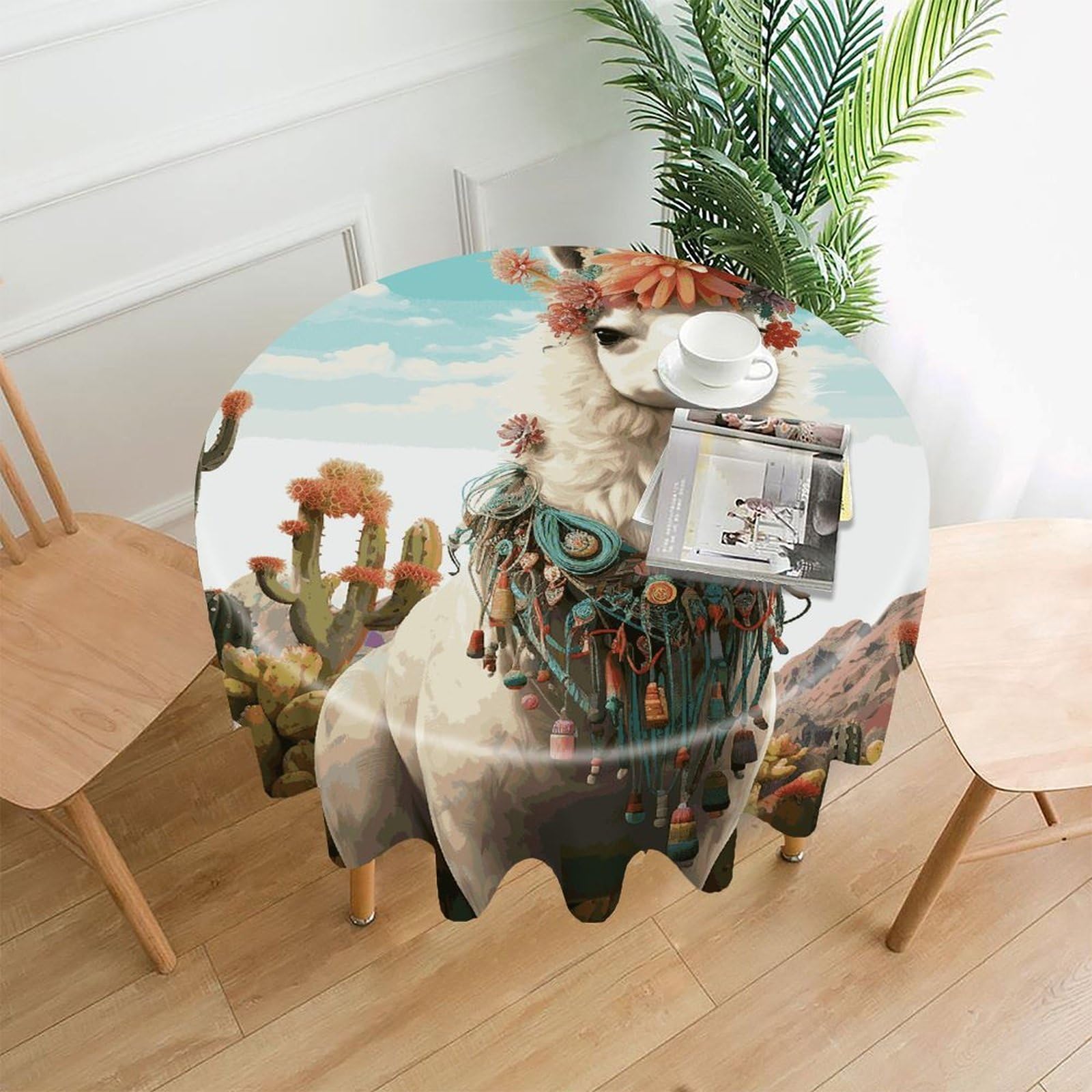 FekiLoot Round Mexican Llama Cactus Tablecloth Decorative Fabric Table Cloth Wrinkle Free Circle Dining Tablecover Washable Polyester Table Cover for Holiday Dinner Party Decor 60"