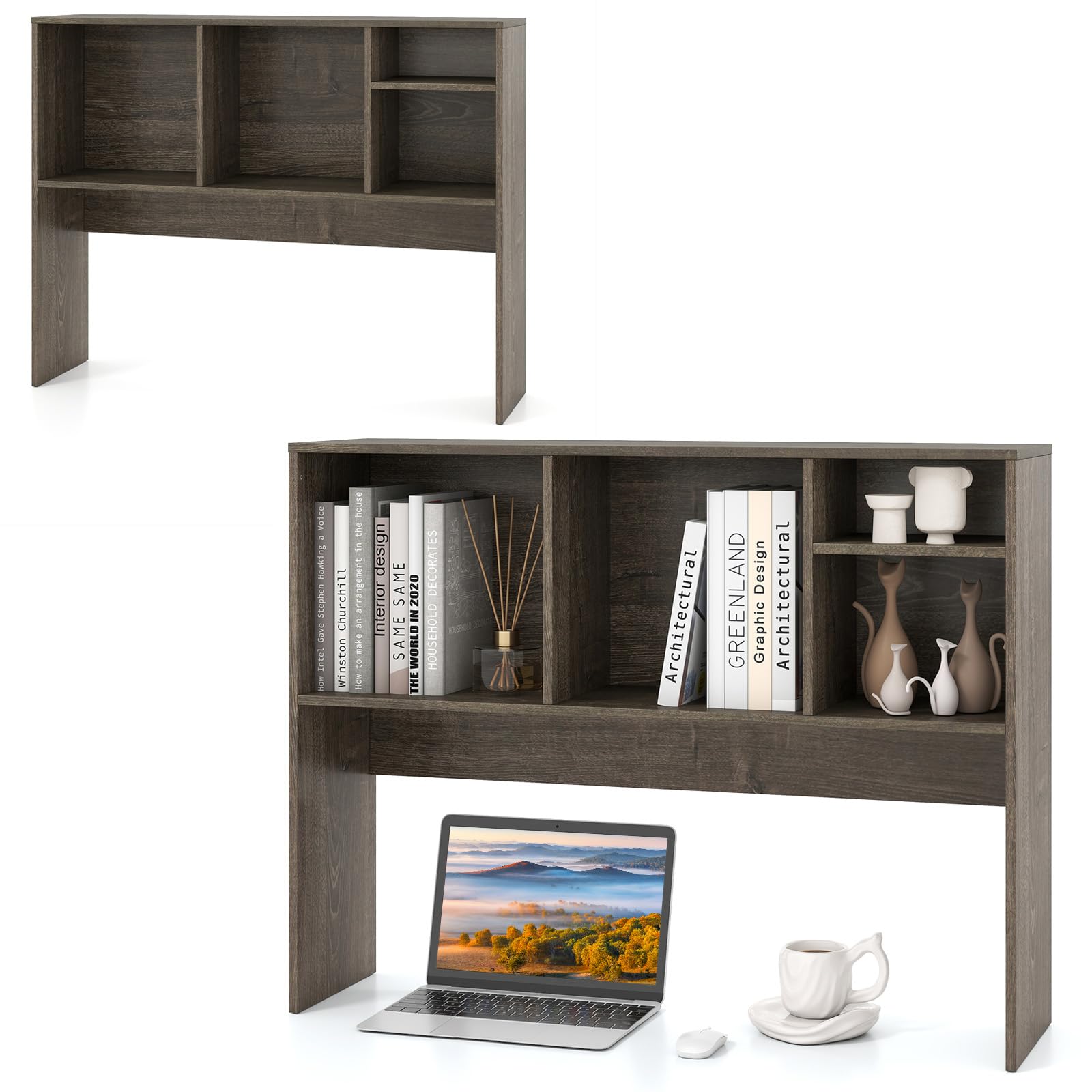 HOMASIS Libreria da Scrivania con 5 Scomparti, Scaffale da Scrivania in Legno, Espositore Mensola Aperta con Piedini Antiscivolo e Dispositivo Antiribaltamento, 94 x 25 x 73 cm (Grigio Scuro)
