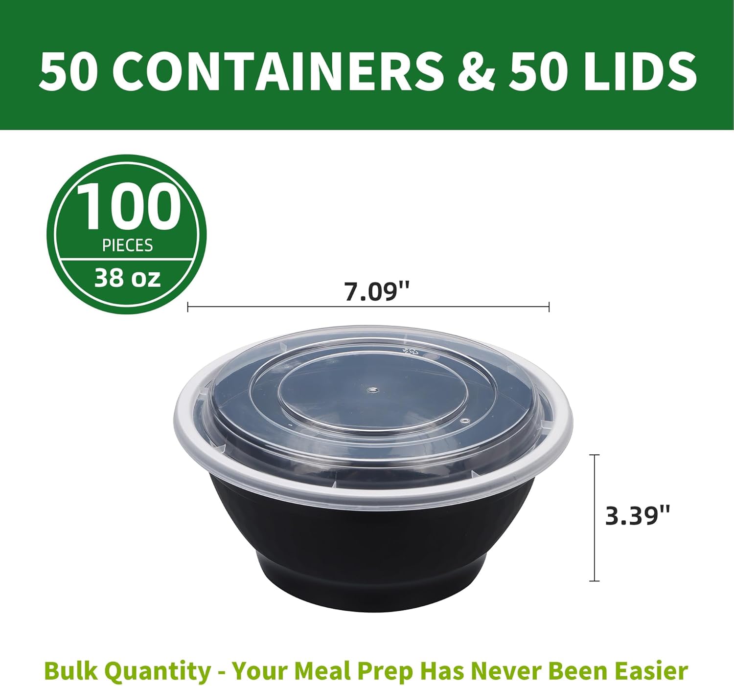 Meal Prep Bowls Containers, 50 Sets 38oz (100-Piece) Plastic Bowls with Lids for Soup Salad, Disposable To Go Food Storage Container, Round Lunch Box, BPA Free, Microwave/Dishwasher/Freezer Safe