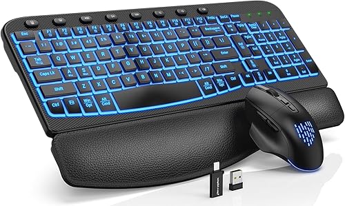 SABLUTE Combo ergonómico de teclado y mouse inalámbricos, teclado Wave con reposamuñecas de cuero suave, teclas resistentes, juego recargable con
