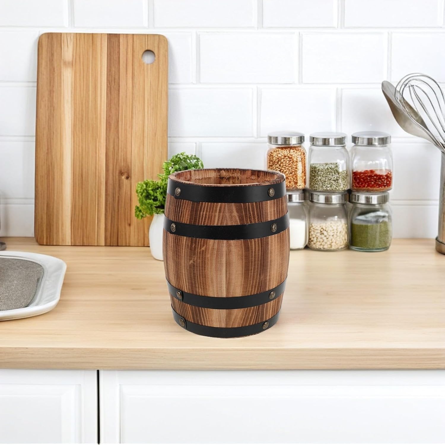 Unomor Retro Carbonized Wood Utensil Holder 20cm Mini Oak Cutlery Storage Crock for Kitchen Countertop, Fork and Spoon Organizer Suitable for Home and Camping