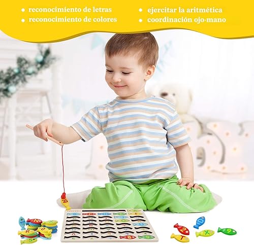 Miniatura 6 de Juguete Magnético de Pesca de Madera para Niños Pequeños, Juegos de Pesca y Conteo de Peces del Alfabeto, Rompecabezas con Números y Letras,