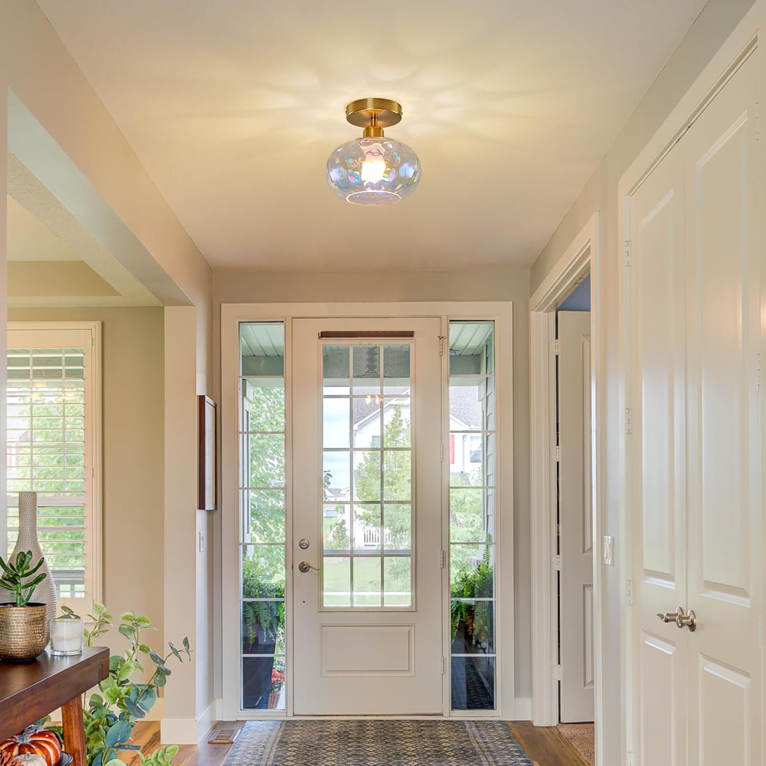 Vintage Glass Flush Mount Ceiling Light - 2 Pack，7.9 Inch Rainbow Hammered Glass Hallway Light fixtures Ceiling, Gold Semi Flush Mount Ceiling Light for entryway Foyer Laundry Room Kitchen