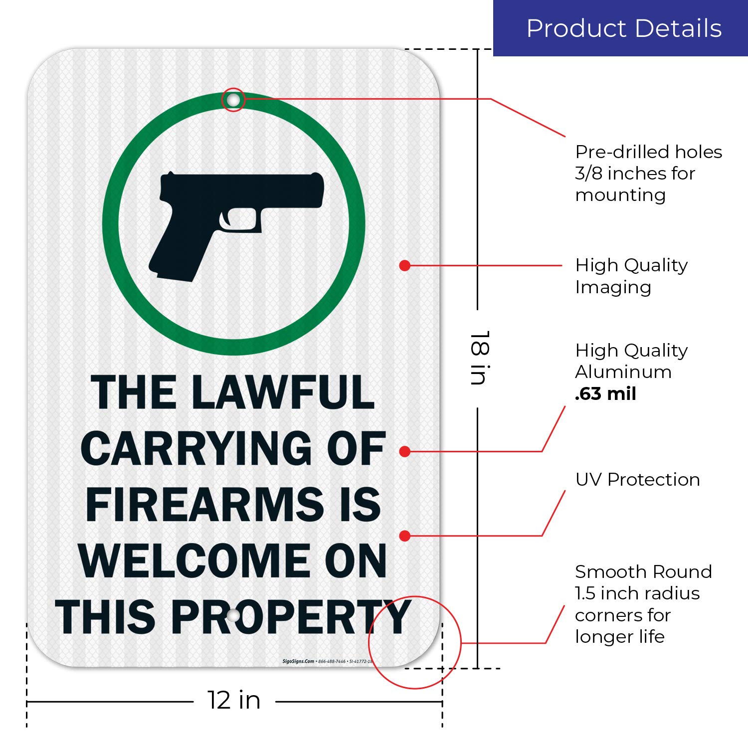 The Lawful Carrying of Firearms is Welcome Sign, 12x18 Inches, 3M EGP Reflective .063 Aluminum, Fade Resistant, Easy Mounting, Indoor/Outdoor Use, Made in USA