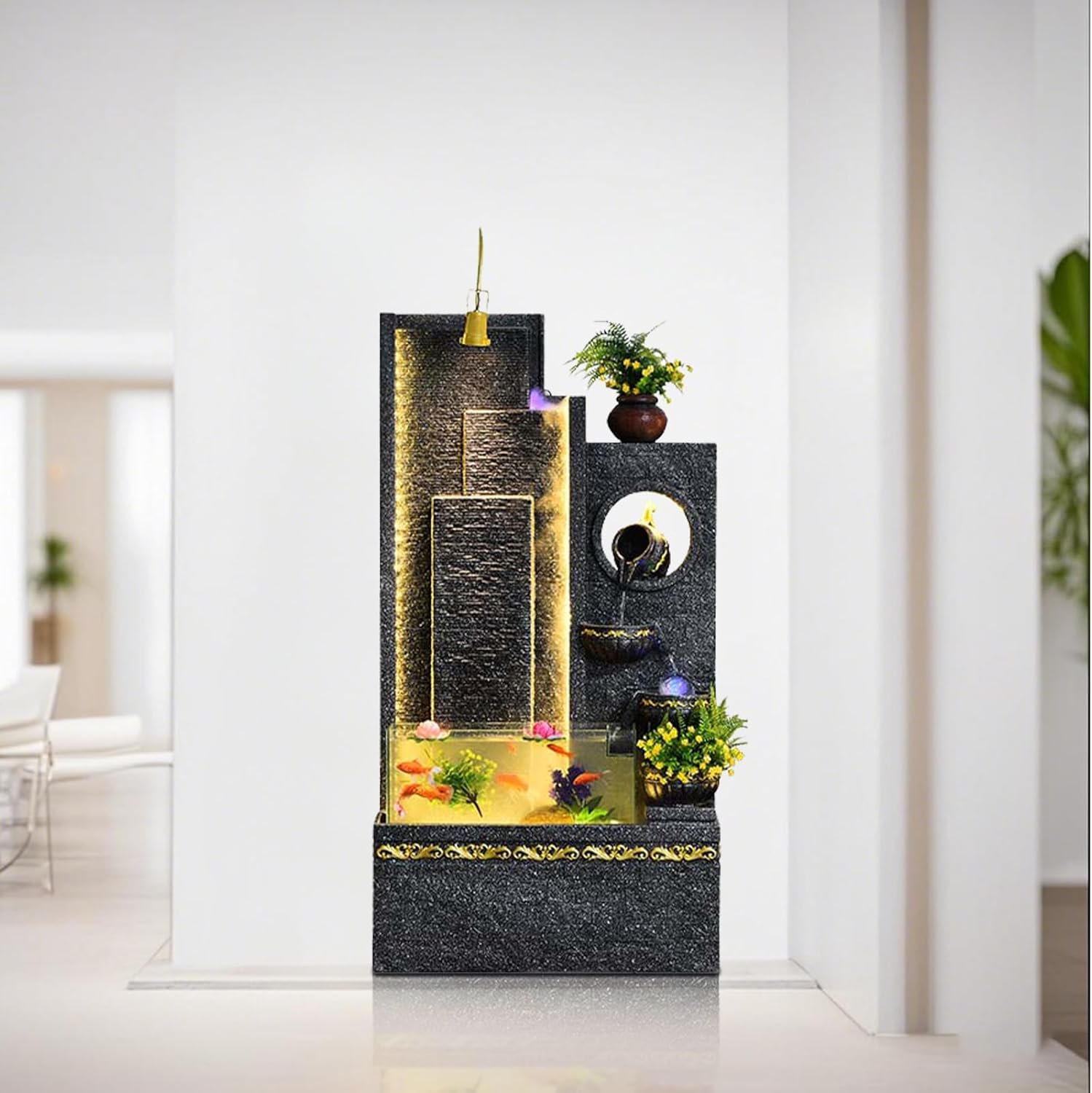 5.9 ft Luxury Europe Style Black Resin Fish Tank Fountain – Indoor Decor with Lighting, Mist, Waterwheel & Planter Features (Large with Fish Tank)