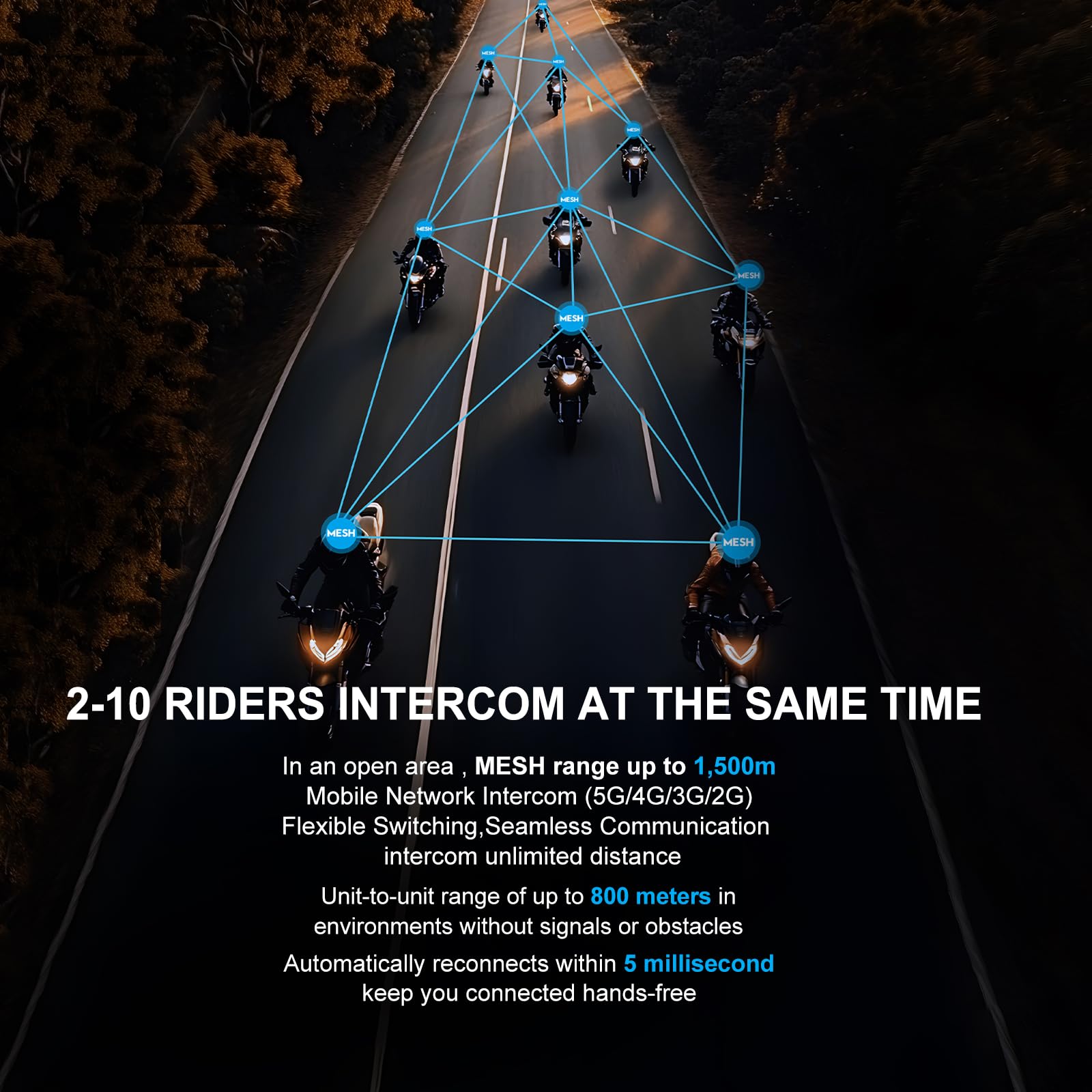 SolaMr X10 Interfono Moto, Mesh 4.0 Interfono Casco per 2 al 10 Persone Possono Parlare Liberamente, Bluetooth 5.1 Interphone Moto 1500m, Rete Integrata con Dispositivi Mobili Senza Limiti di Distanza