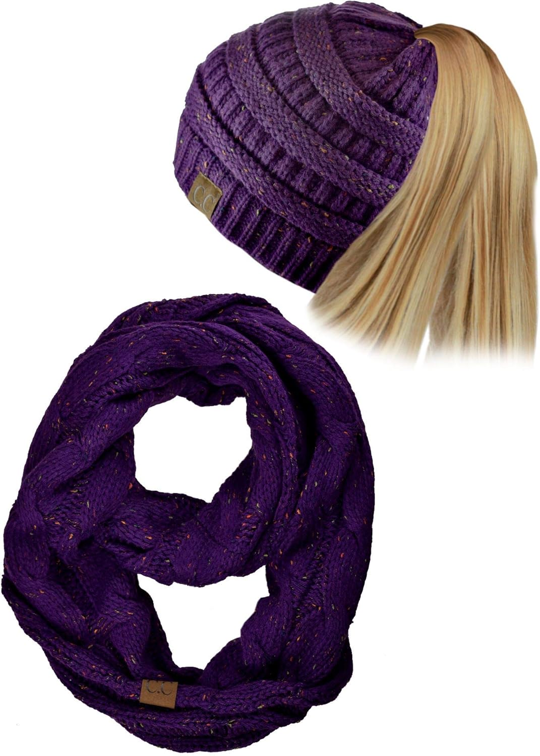 C.C Colorful Confetti BeanieTail Messy High Bun Cable Knit Beanie and Infinity Loop Scarf Set