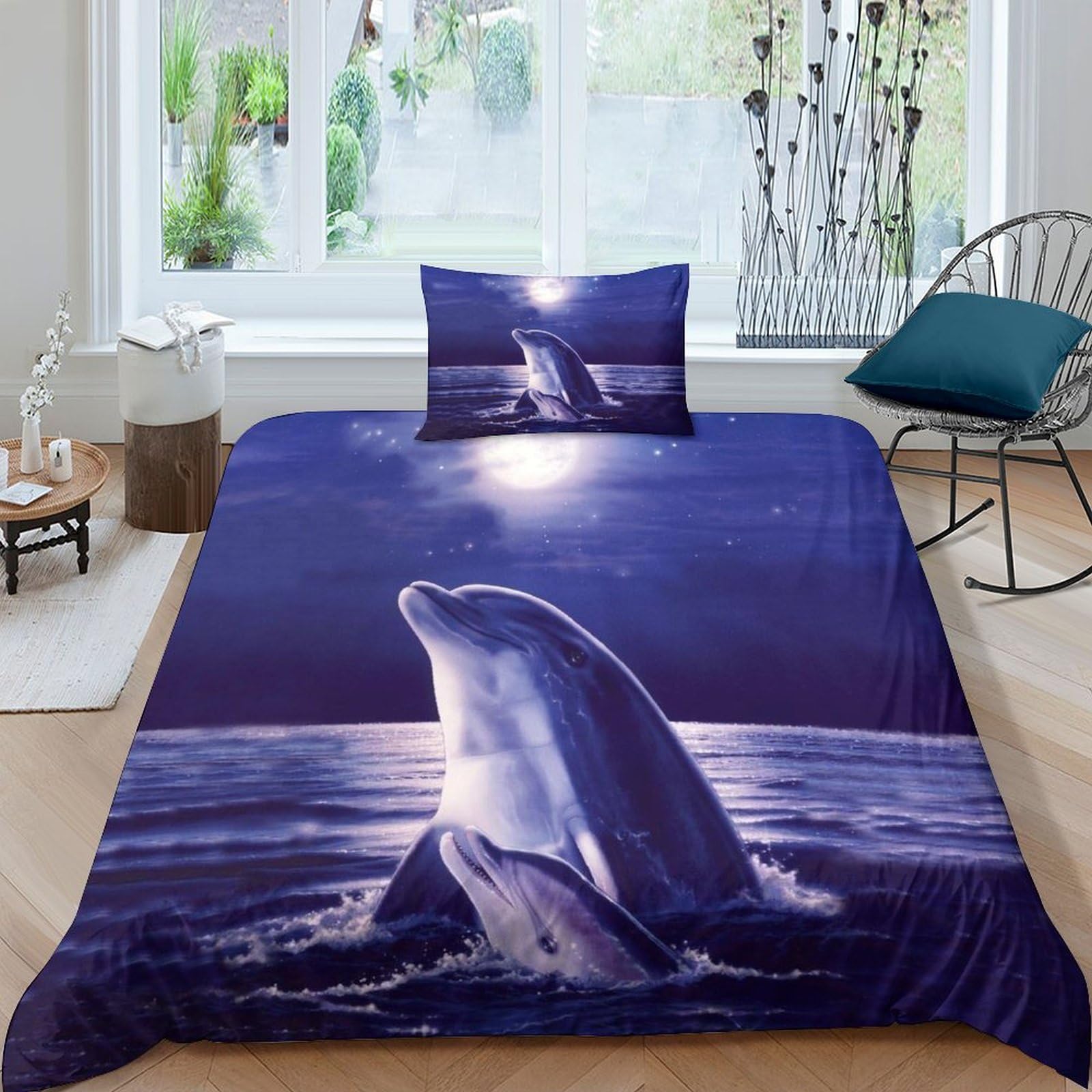 MXRMXR Dolphin Duvet Set Bedding 2 piece Set Comforter Cover Easy Care Quilt Cover PillowCases with Zipper Closure Soft Microfiber for Kids Adult Teens Single（135x200cm）