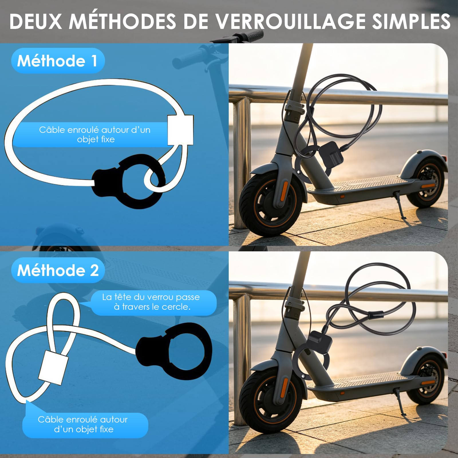 Antivol Trotinette Electrique, 1.2m Antivol Velo, Câble Antivol à Clef avec Menotte, Cadenas Trottinette Électrique pour Trottinettes, Vélos, Poussettes