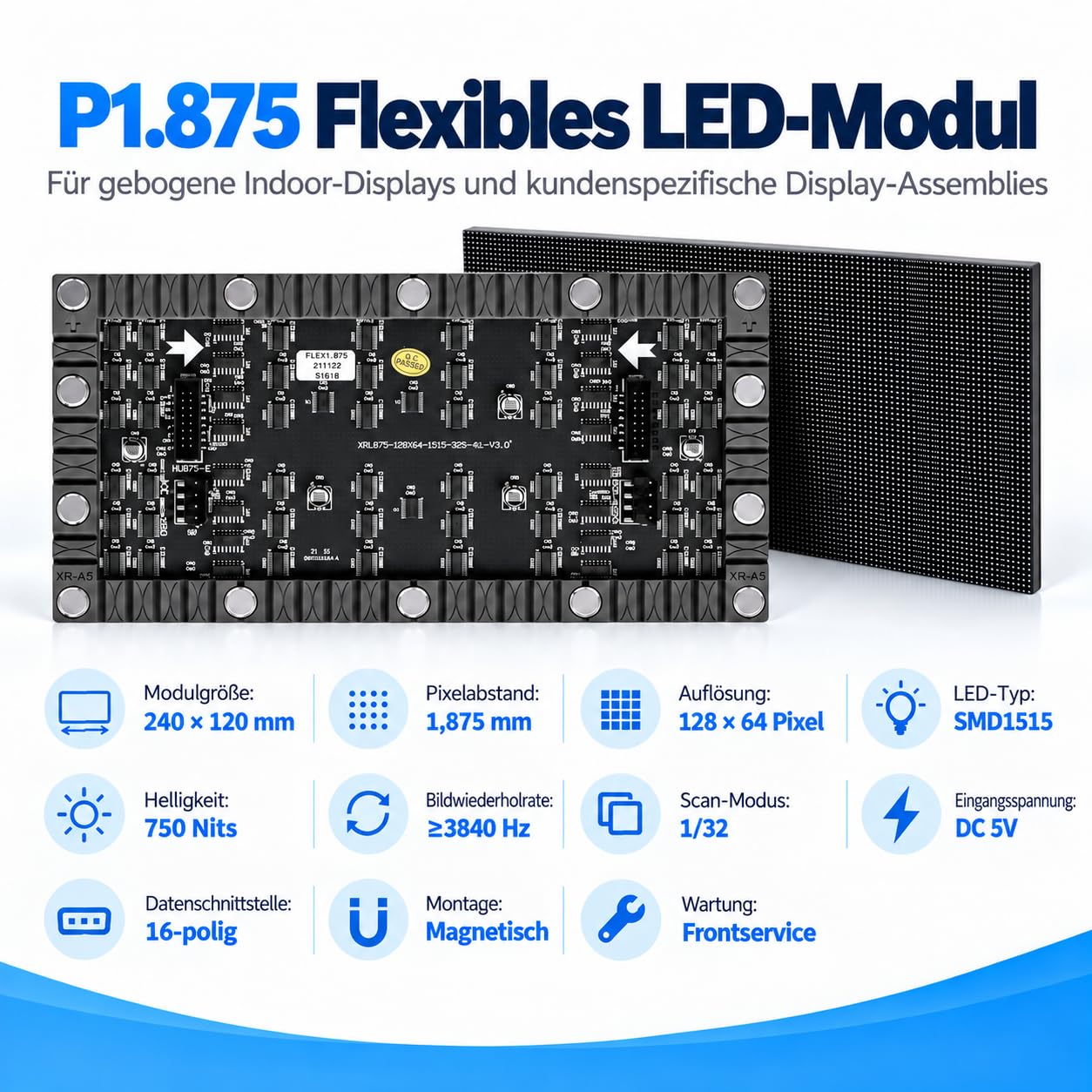 P1.875 Flexibles LED-Modul 240 x 120 mm, 128 x 64 Pixel, SMD1515, DC 5V, 750 Nits, 1/32 Scan, Magnetmontage, Frontservice für gebogene Indoor-Displays, 20 Stück