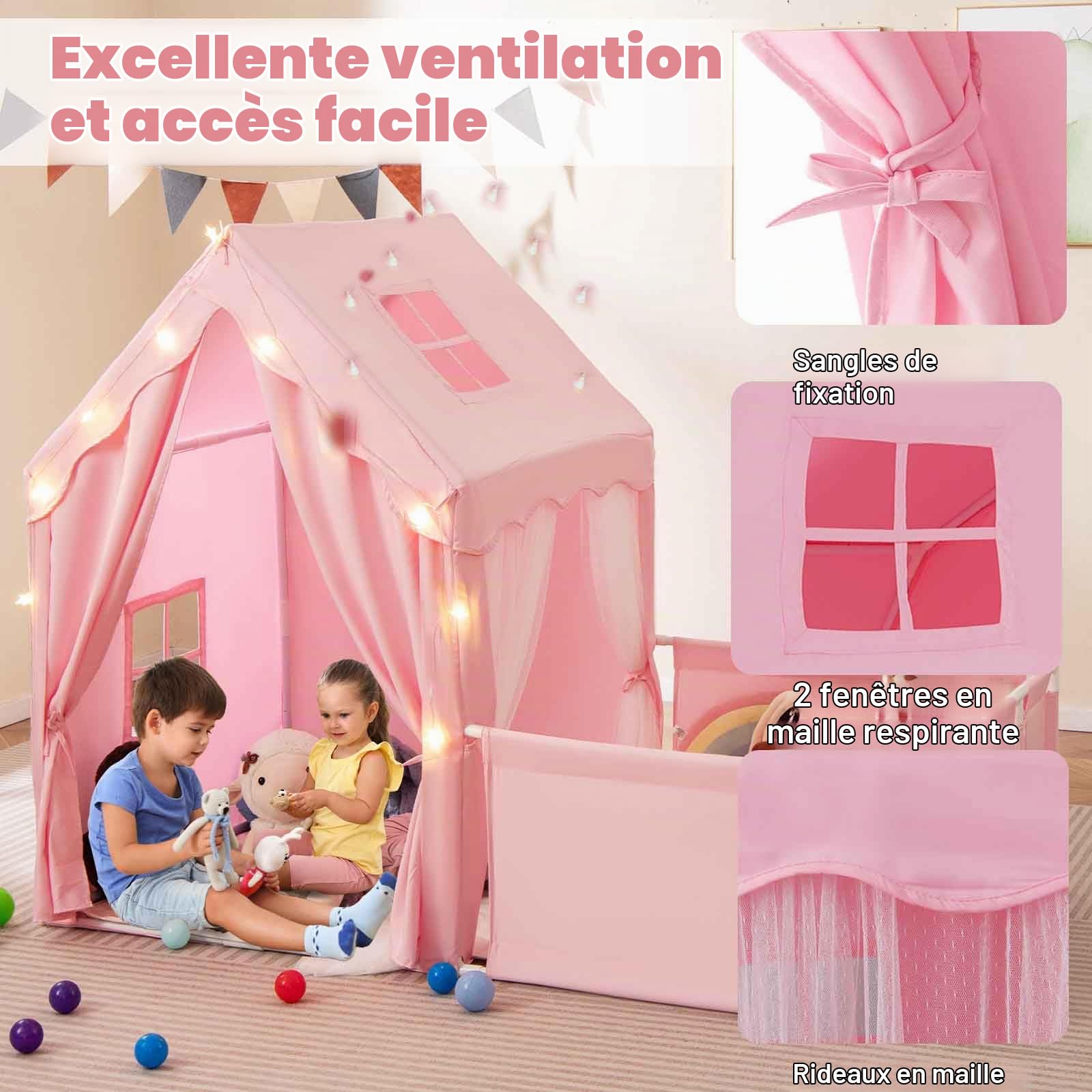 HOMASIS 2 en 1 Tente Enfants avec Enclos, Tente de Jeu avec Fenêtres, Lumières Étoilées et Tapis, pour Les Enfants de 3 Ans et Plus (Rose)